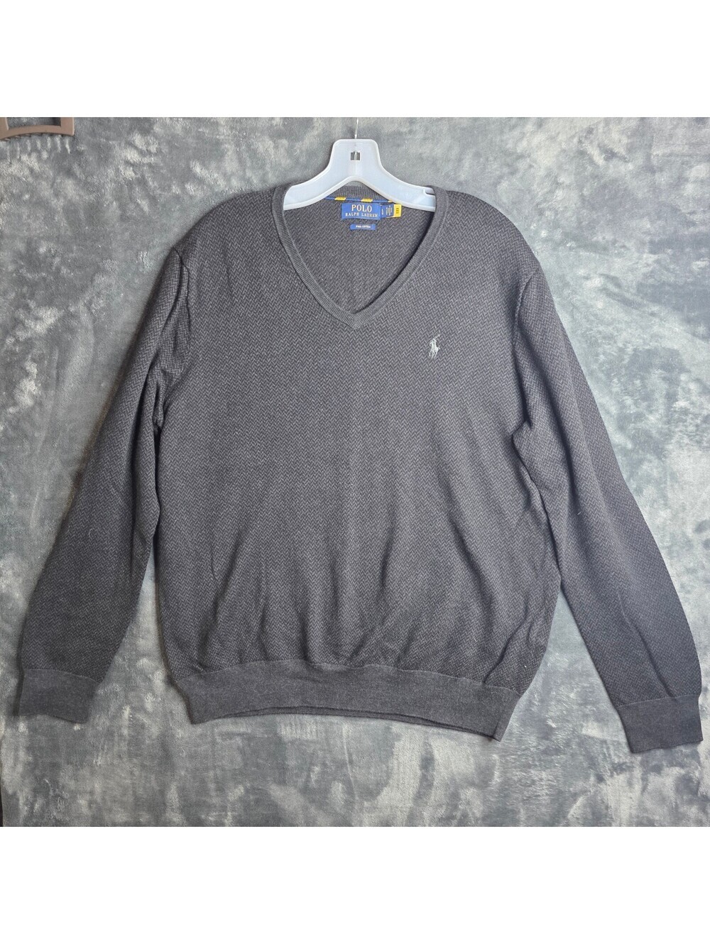Polo Ralph Lauren Sweater Men Large Pima Cotton V-Neck Herringbone Gray Charcoal